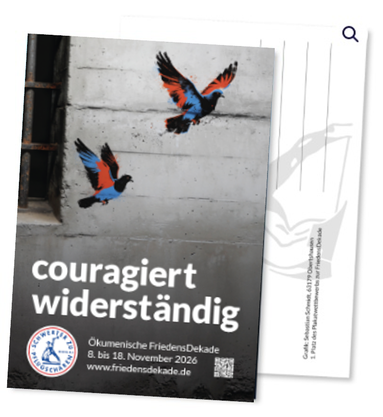 Postkarte der FriedensDekade 2026. Motiv „couragiert widerständig“ von Olaf Warburg. Darstellung zweier stilisierter Friedenstauben (Blau und Rot), die Gitterstäbe überfliegen. Symbol für den Ausbruch aus der Militarisierung.