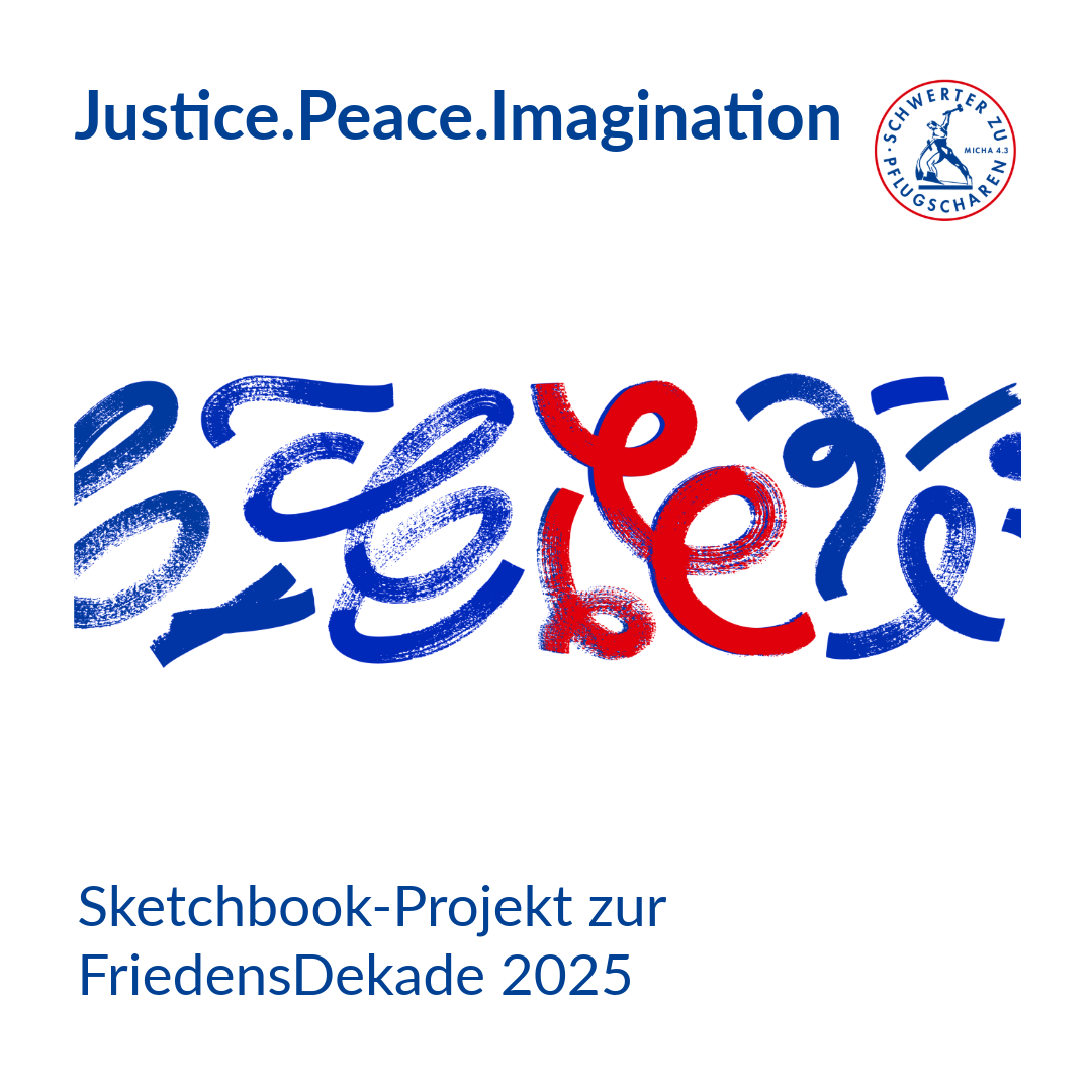 Das Bild zeigt ein abstrakte geschwungene Linien aus Wasserfarben, in den Farben der FriedensDekade: Rot und Blau.