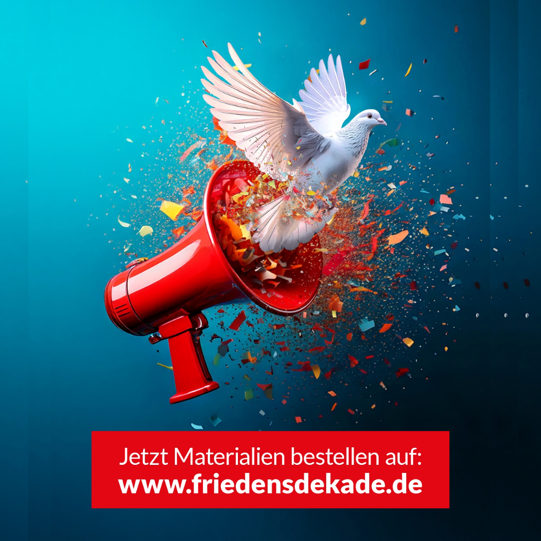 Eine Taube fliegt samt Konfetti aus einem Megafon. Darunter die Aufschrift: Jetzt Materialien bestellen.