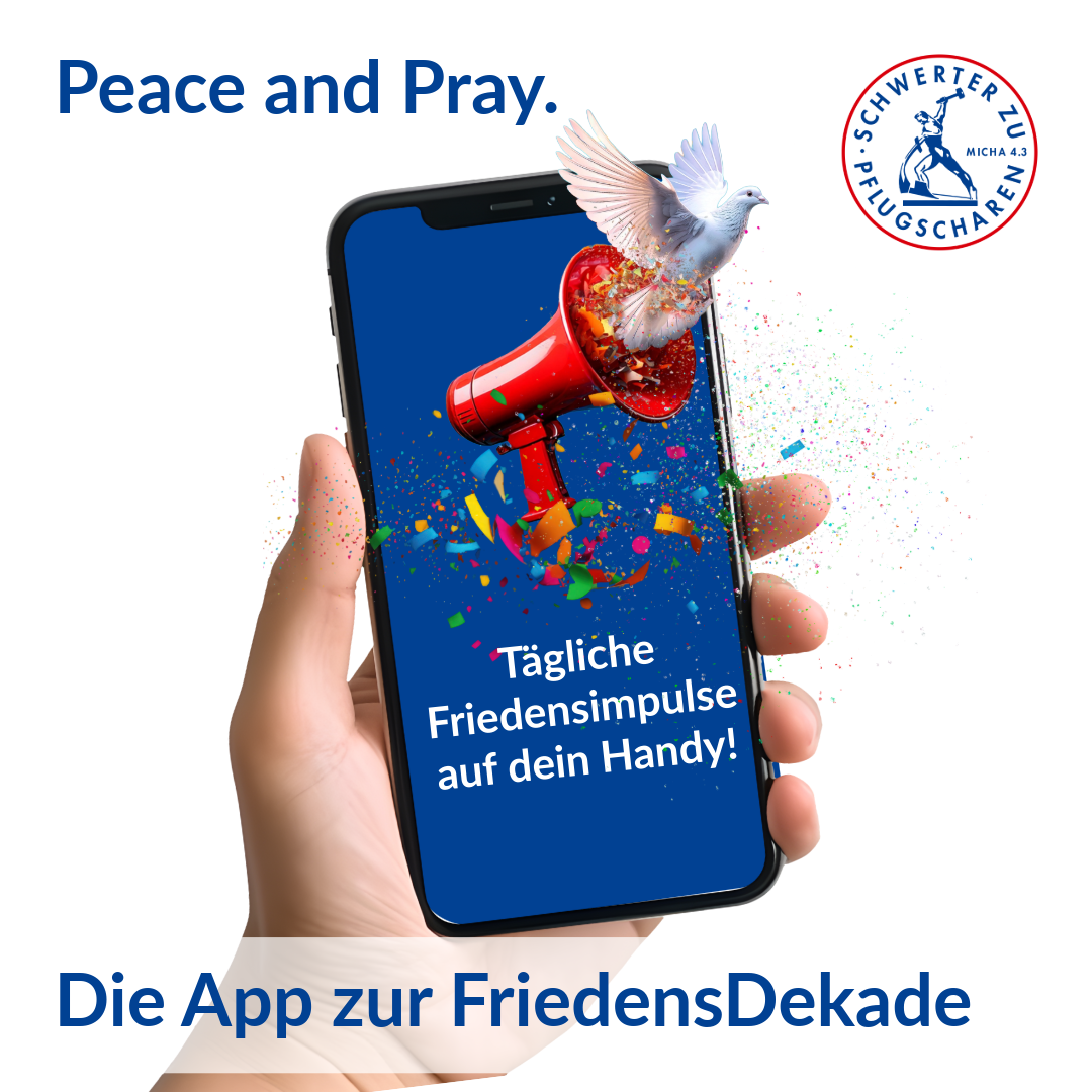 Eine Taube fliegt aus einem Handy, dazu der Text: Tägliche Friedensimpulse auf dein Handy!